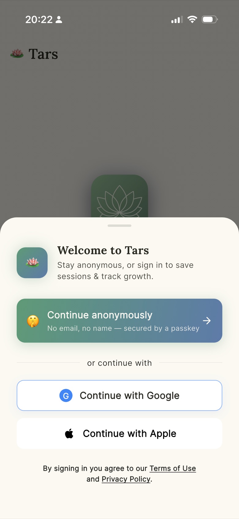 Tars welcome screen offering anonymous passkey login or sign in with Google or Apple
