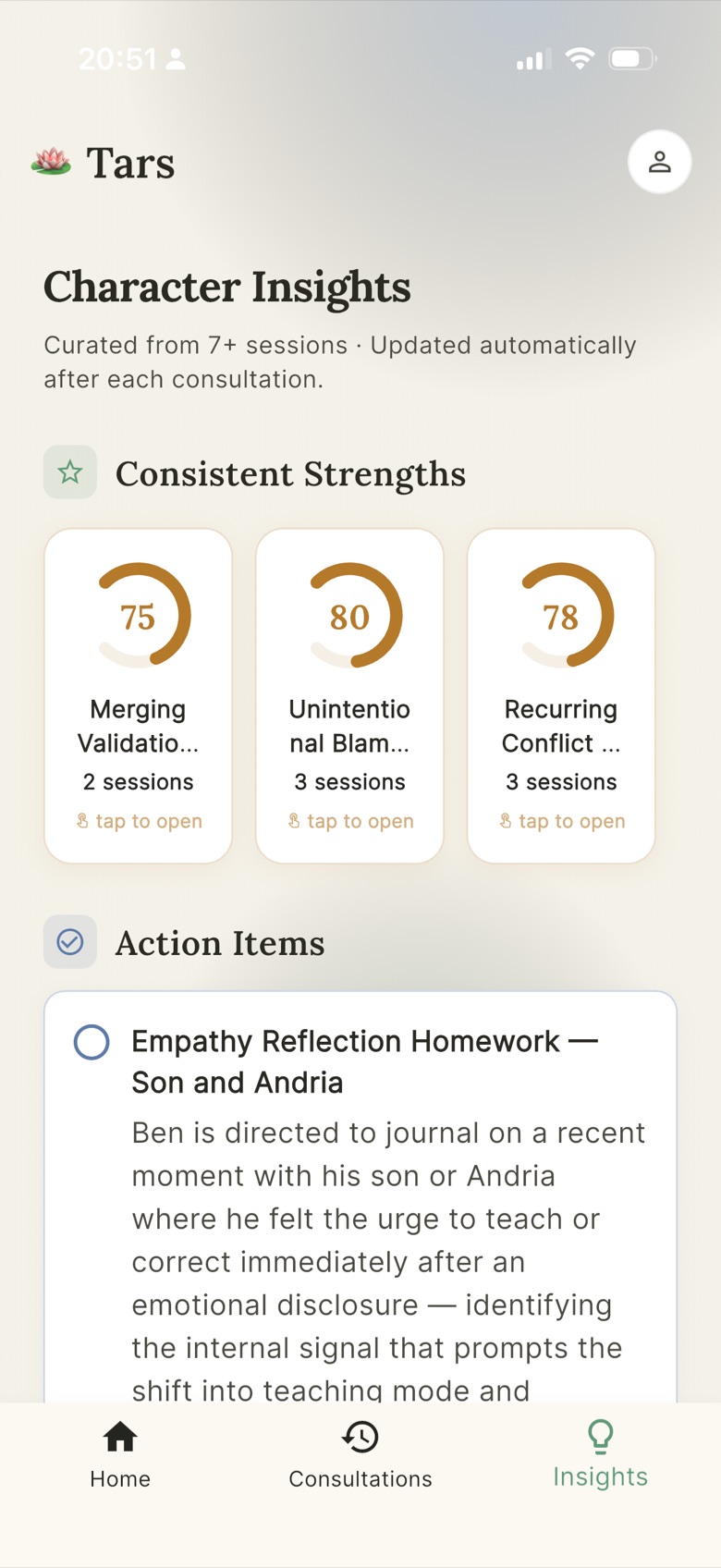 Tars Character Insights showing consistent strengths with scores and action items