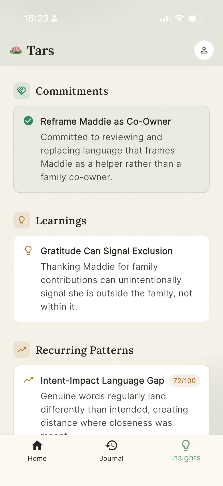 Tars insights showing commitments, learnings, and recurring patterns