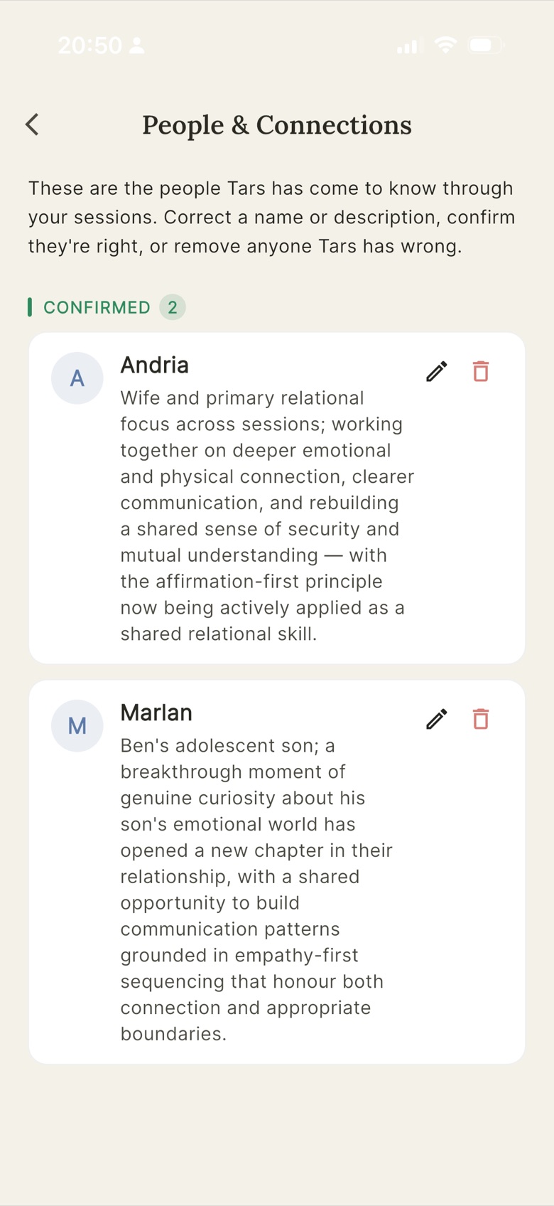 Tars People and Connections listing people known from sessions