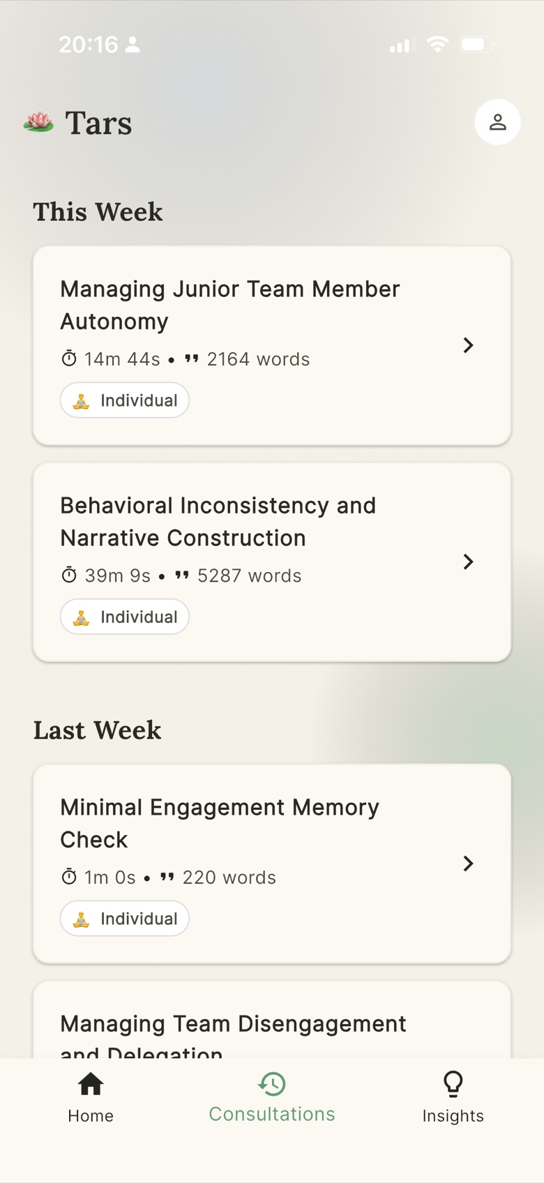 Tars journal listing individual sessions on work and life topics, organised by week