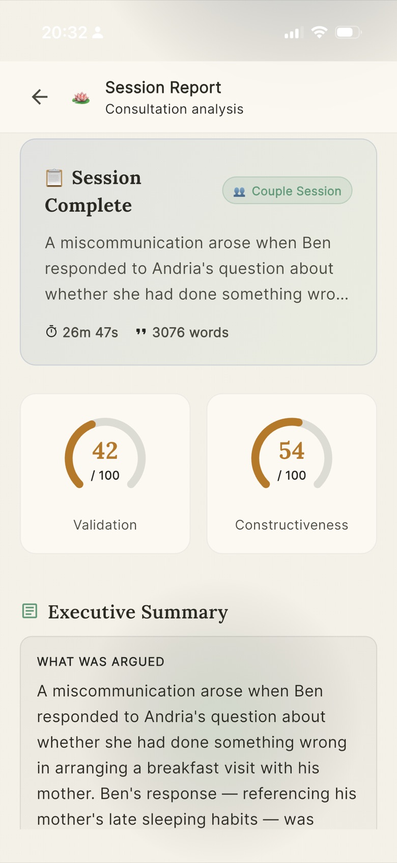 Tars couple session report showing Validation and Constructiveness scores with an executive summary
