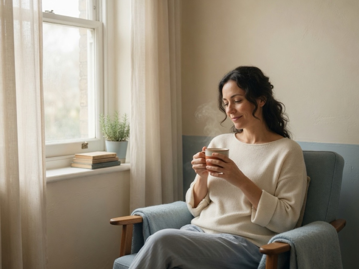 A person sitting by a window with a warm mug, in quiet reflection