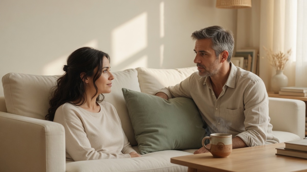 A couple sitting on a cream sofa in warm afternoon light, talking face to face